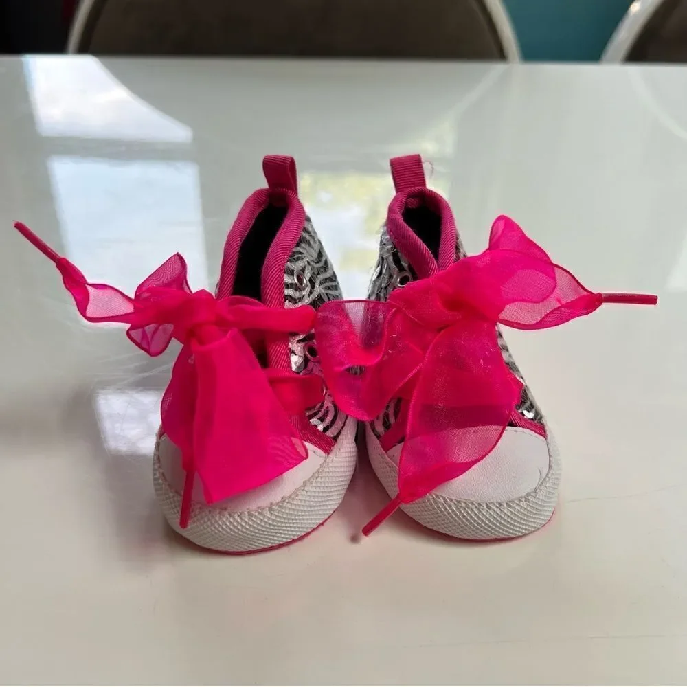 Funky Neon Pink Sequin Zebra Ribbon Tie Baby Shoes